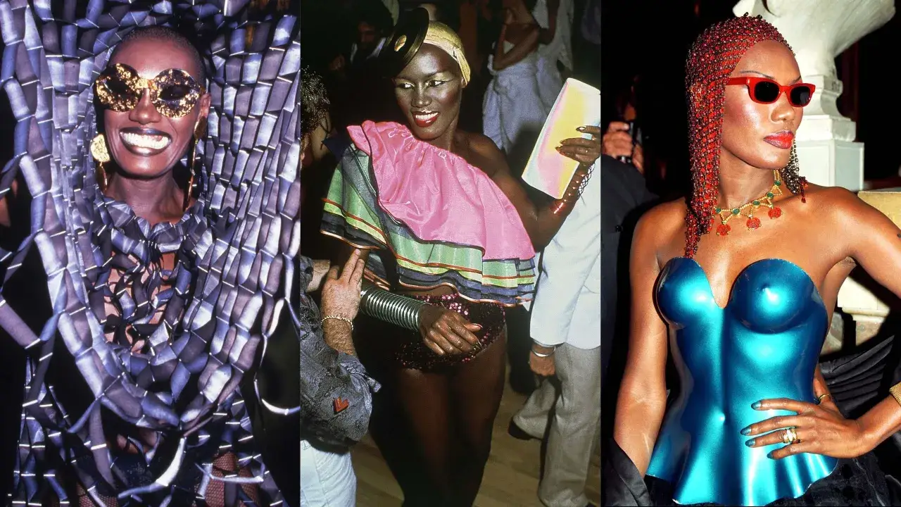 Grace Jones idag: tre ikoniska looks. En i skimrande lila, en i rosa och grönt, och en i blått med röda accessoarer.