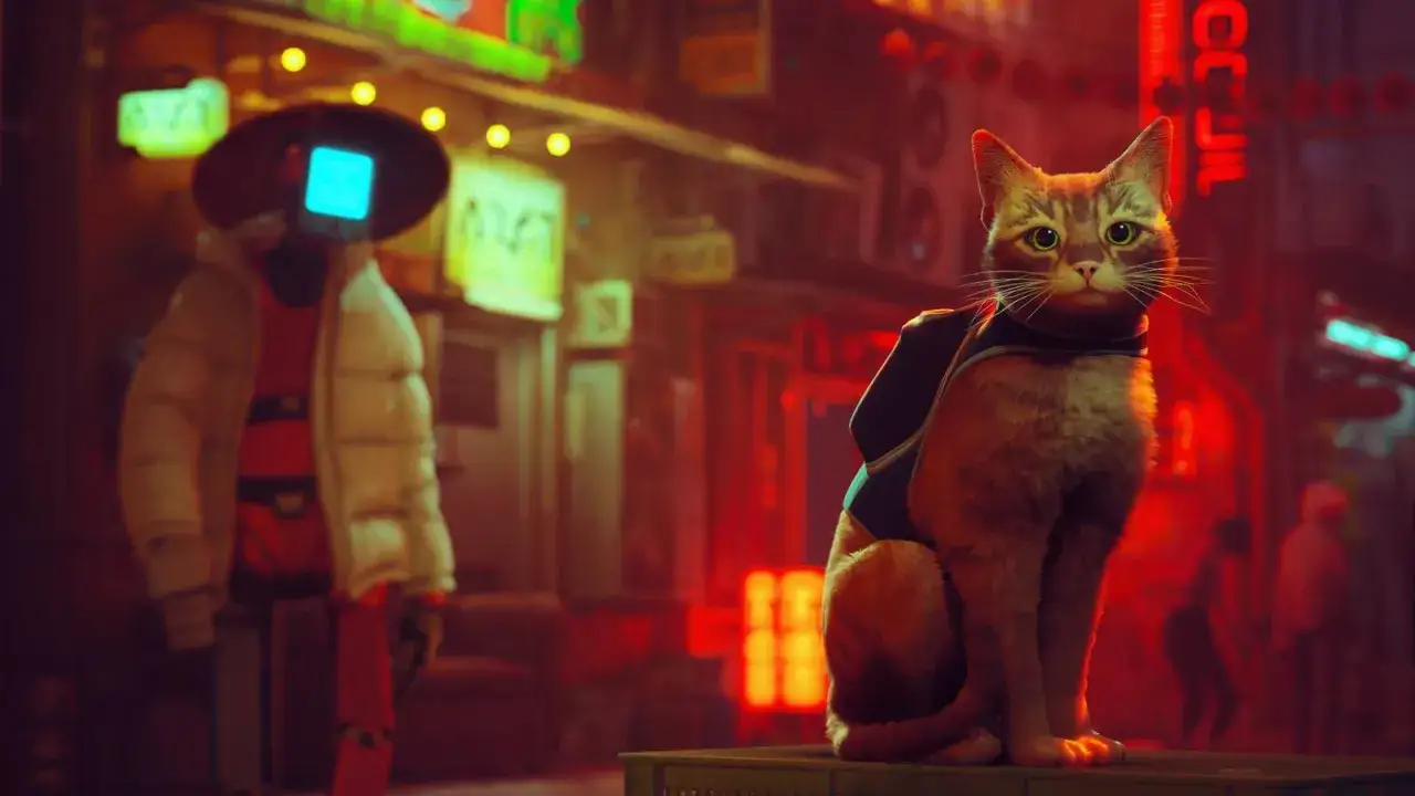 Kot z plecakiem w neonowym mieście, obok robota. Przygoda w świecie Stray 2.