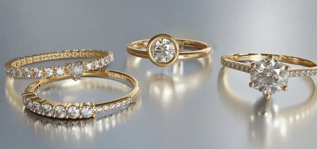 Anillos de compromiso como deben ser: oro amarillo, diamantes brillantes y diseños elegantes.