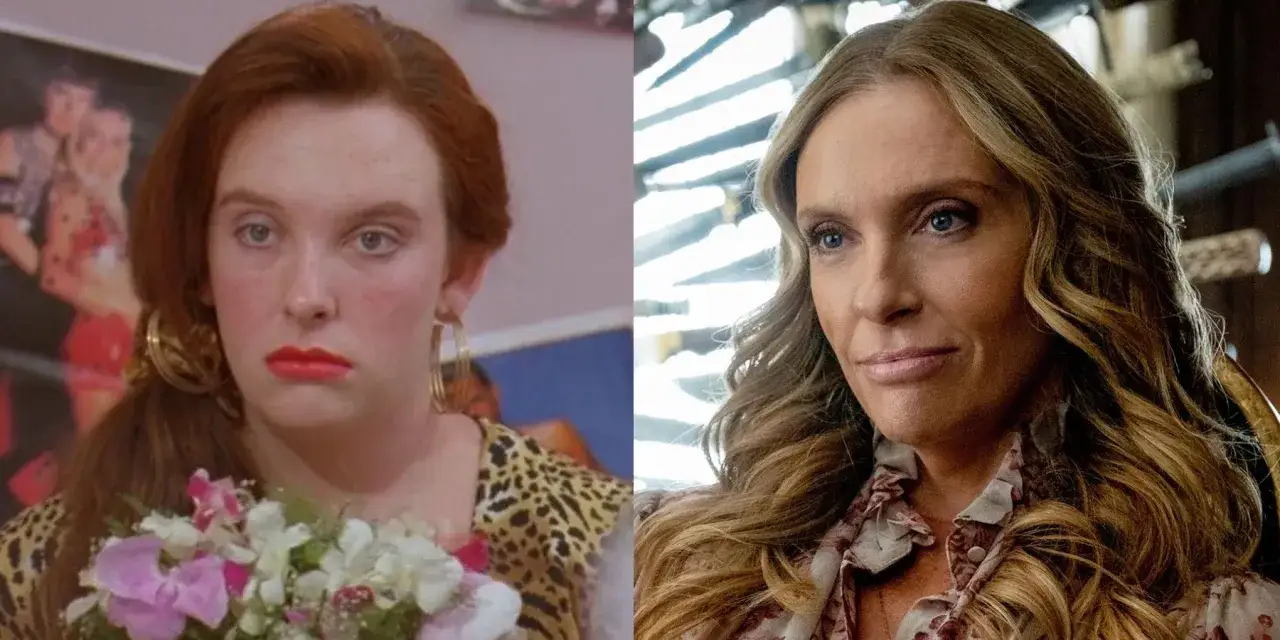 Toni Collette w filmach, serialach i programach: młoda z bukietem i dojrzała z burzą blond włosów.