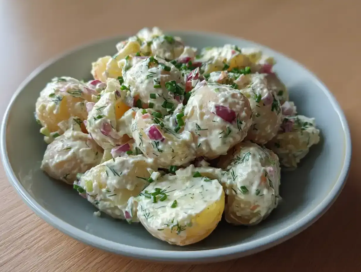 Krämig potatissallad med dill och rödlök, perfekt till grillat. Enkel att koka potatis till och blanda ihop.
