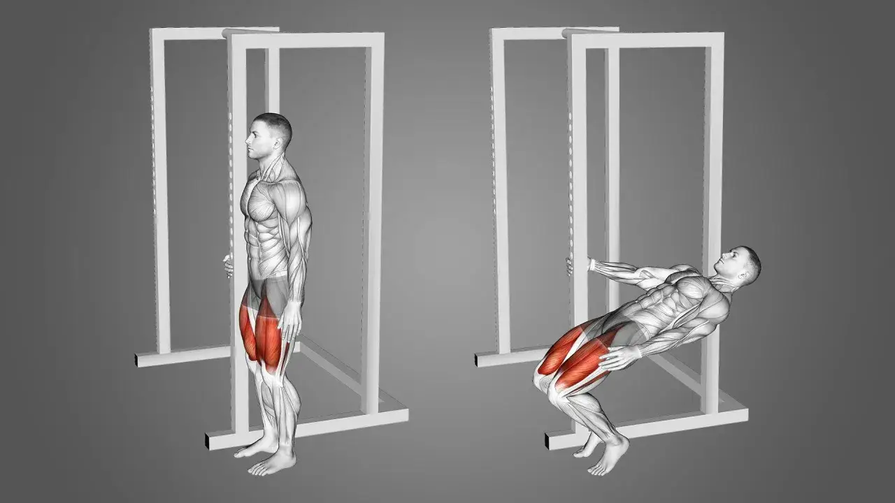 Mężczyzna wykonuje sissy squat, ćwiczenie na mięśnie czworogłowe uda, przy użyciu maszyny Smitha.