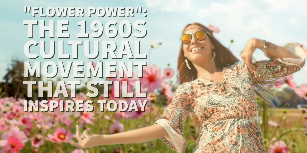 Frau im Hippie-Stil tanzt in einem Blumenfeld. Die 60er-Jahre-Kultur lebt weiter.