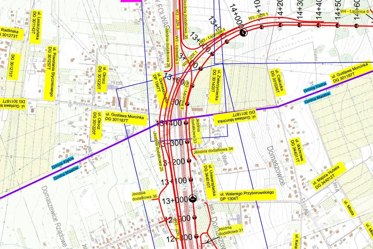 Fragment mapy z zaznaczoną wschodnią obwodnicą Kielc, drogami i ulicami.