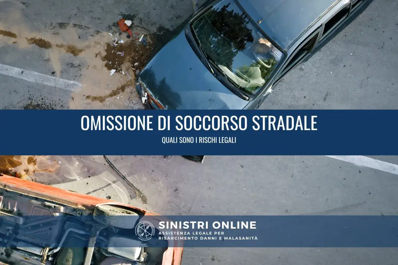 Scena di incidente stradale con auto rovesciata e un'altra danneggiata. Il testo parla di omissione di soccorso stradale e dei rischi legali.
