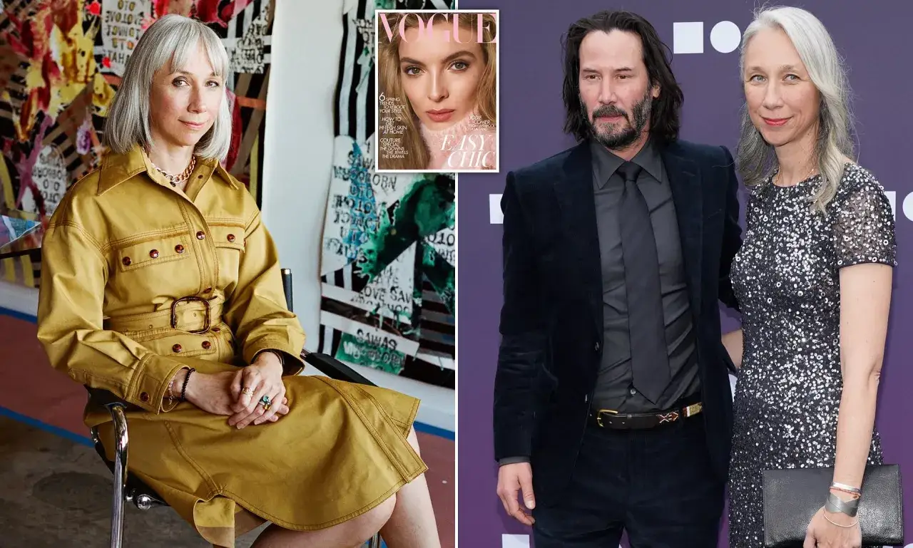 Keanu Reeves z żoną Alexandrą Grant na premierze. W tle artystka w żółtym płaszczu.