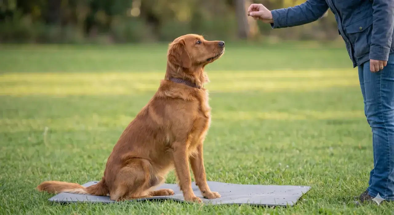 Golden retriever siedzi na macie, patrząc na smakołyk w dłoni człowieka. To idealny moment, by nauczyć psa komend.