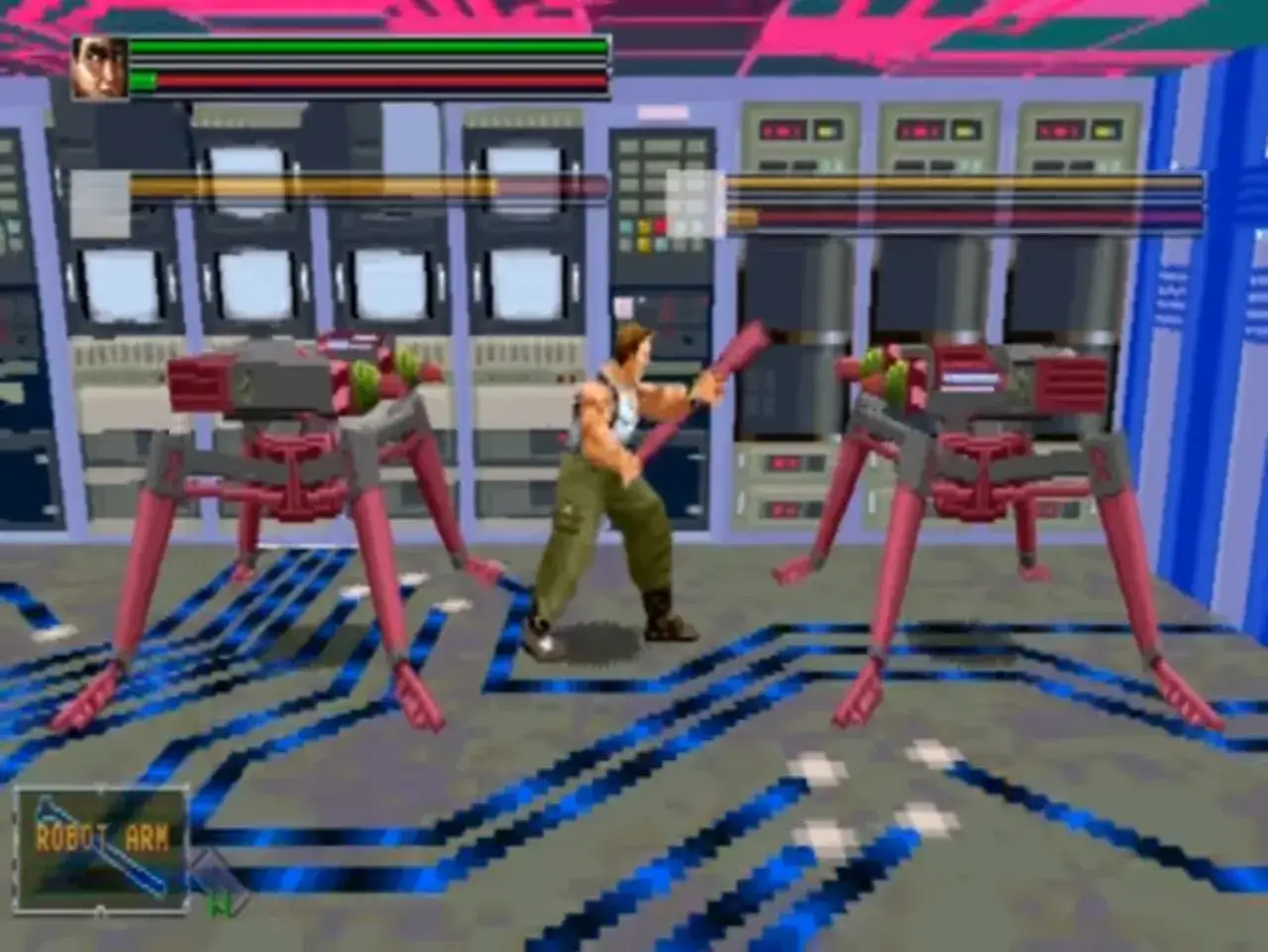 Gracz walczy z robotem w grze Die Hard Arcade na Sega Saturn.