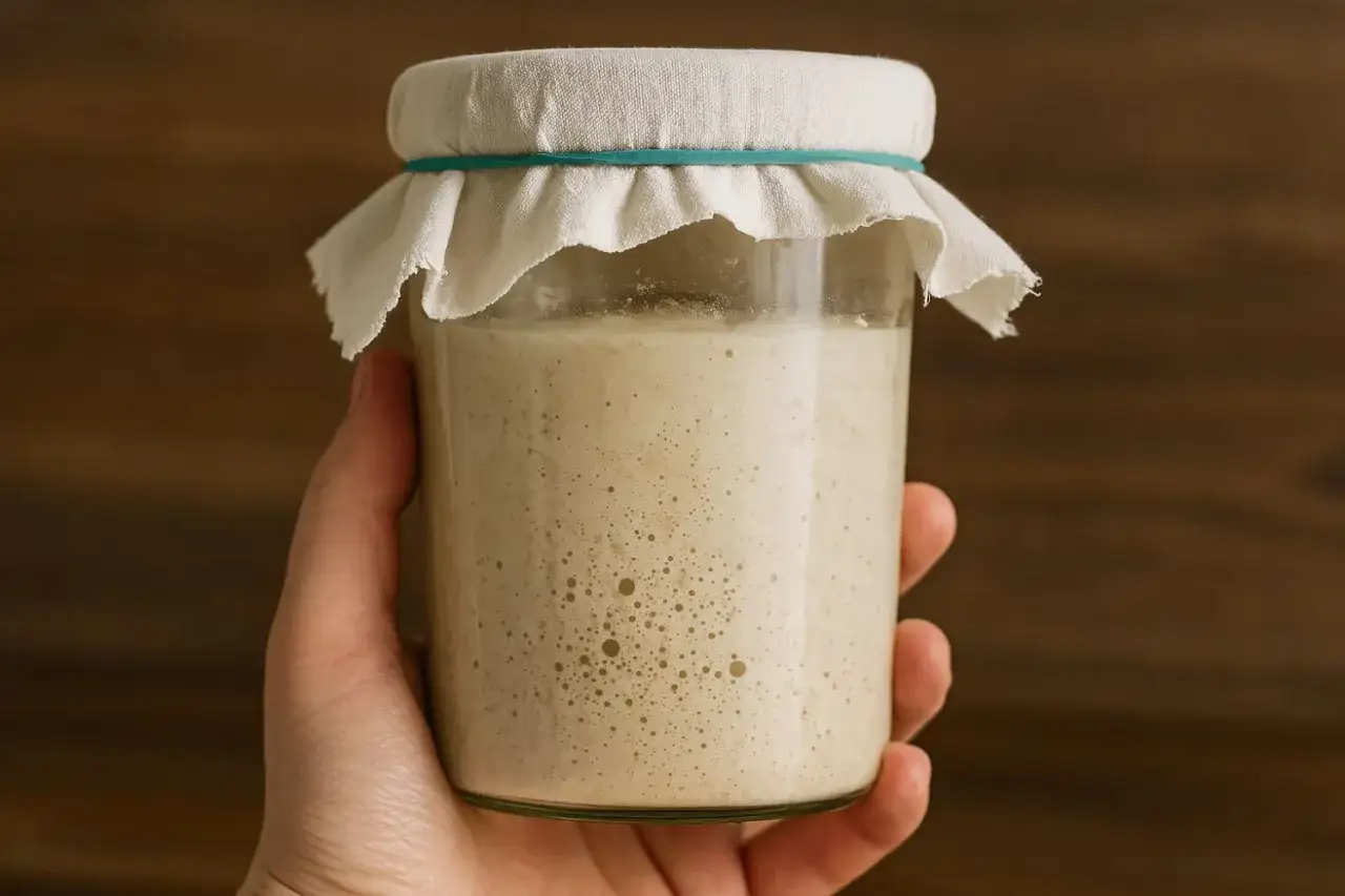 Eine Hand hält ein Glas mit lebendigem Sauerteig, dessen Bläschen die perfekte Sauerteig-Konsistenz verraten.