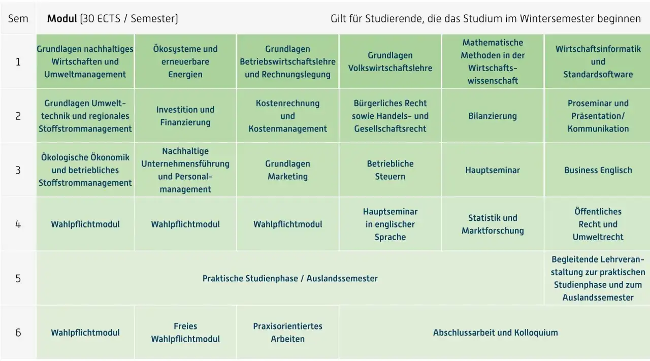 Studienplan f&uuml;r ein nachhaltigkeitsmanagement studium mit Modulen wie Umweltmanagement, &Ouml;kosysteme, Kostenrechnung und Bilanzierung.