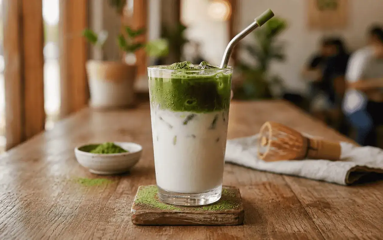 Erfrischender iced matcha mit Milch und Eis, daneben eine Schale Matcha-Pulver und ein Chasen auf einem Holztisch.