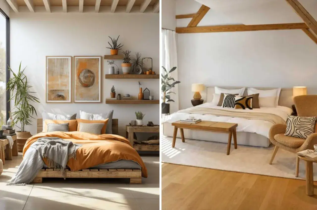 Deux chambres douillettes, une avec une literie orange vif et des &oelig;uvres d'art abstraites, l'autre avec des poutres apparentes et des coussins graphiques. Une belle deco de chambre.