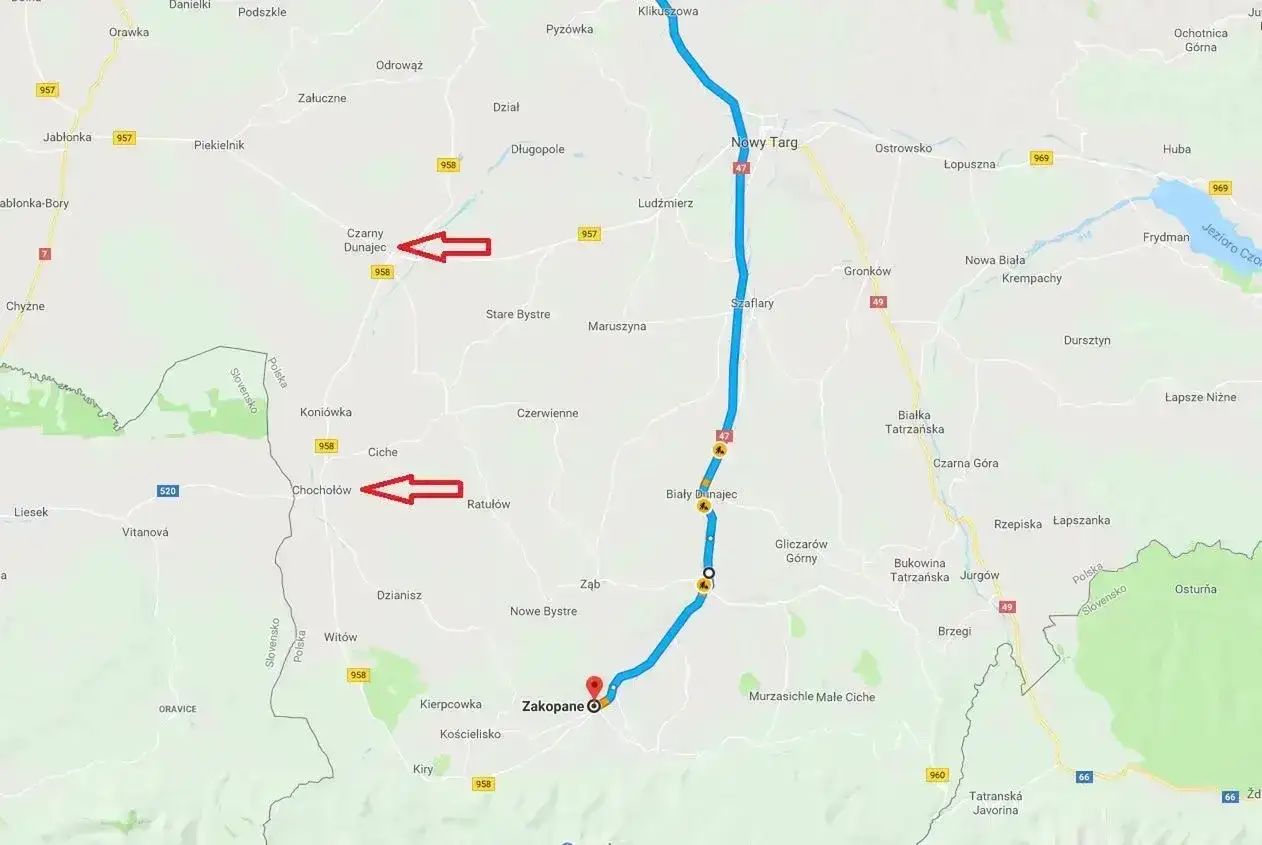 Mapa z zaznaczoną trasą do Medziugorja, prowadzącą przez Nowy Targ i Zakopane. Najlepsza trasa do Medziugorja.