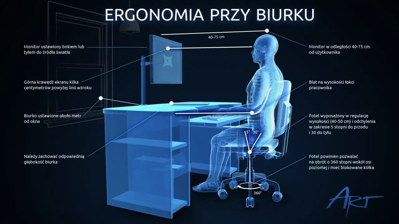 Ergonomia przy biurku: prawidłowe ustawienie monitora, biurka i fotela. Jest też miejsce na drukarkę.