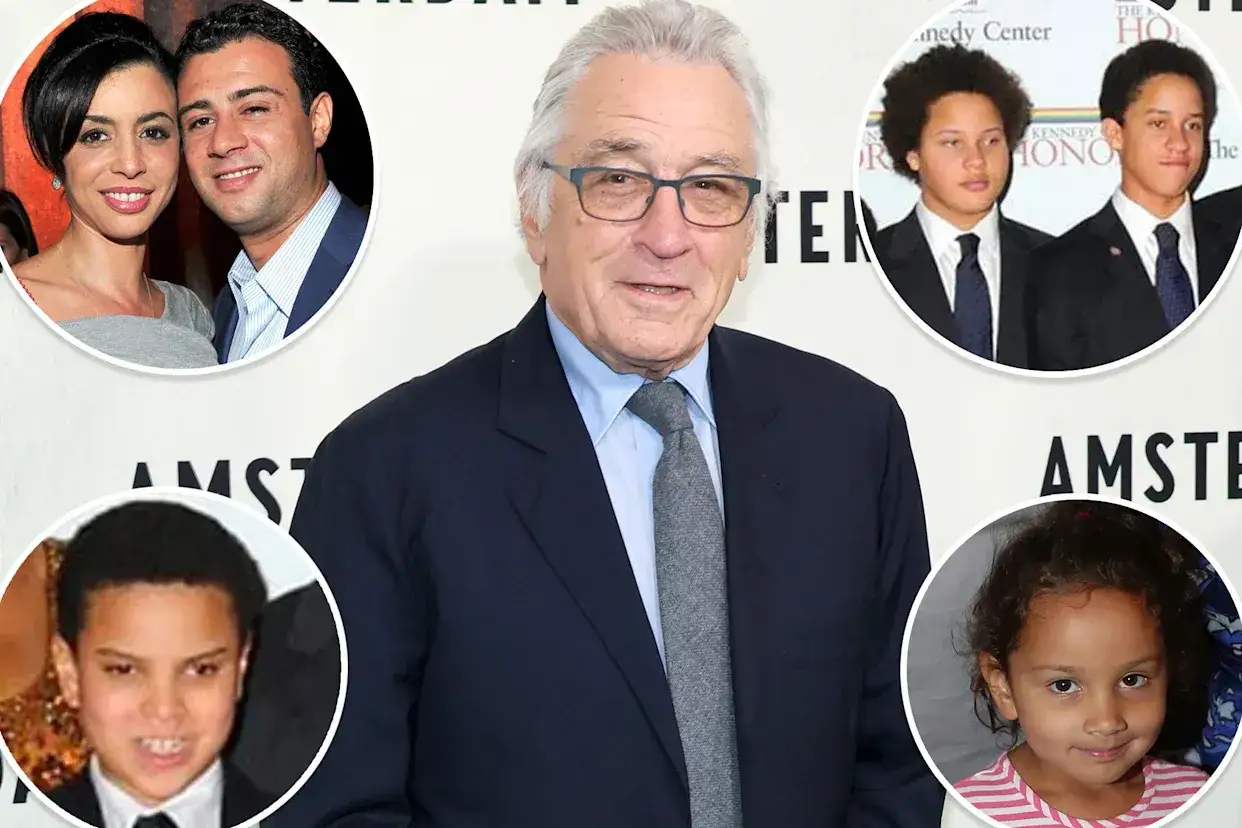 Robert De Niro z dziećmi: para z synem, dwaj nastoletni chłopcy w garniturach i mała dziewczynka.
