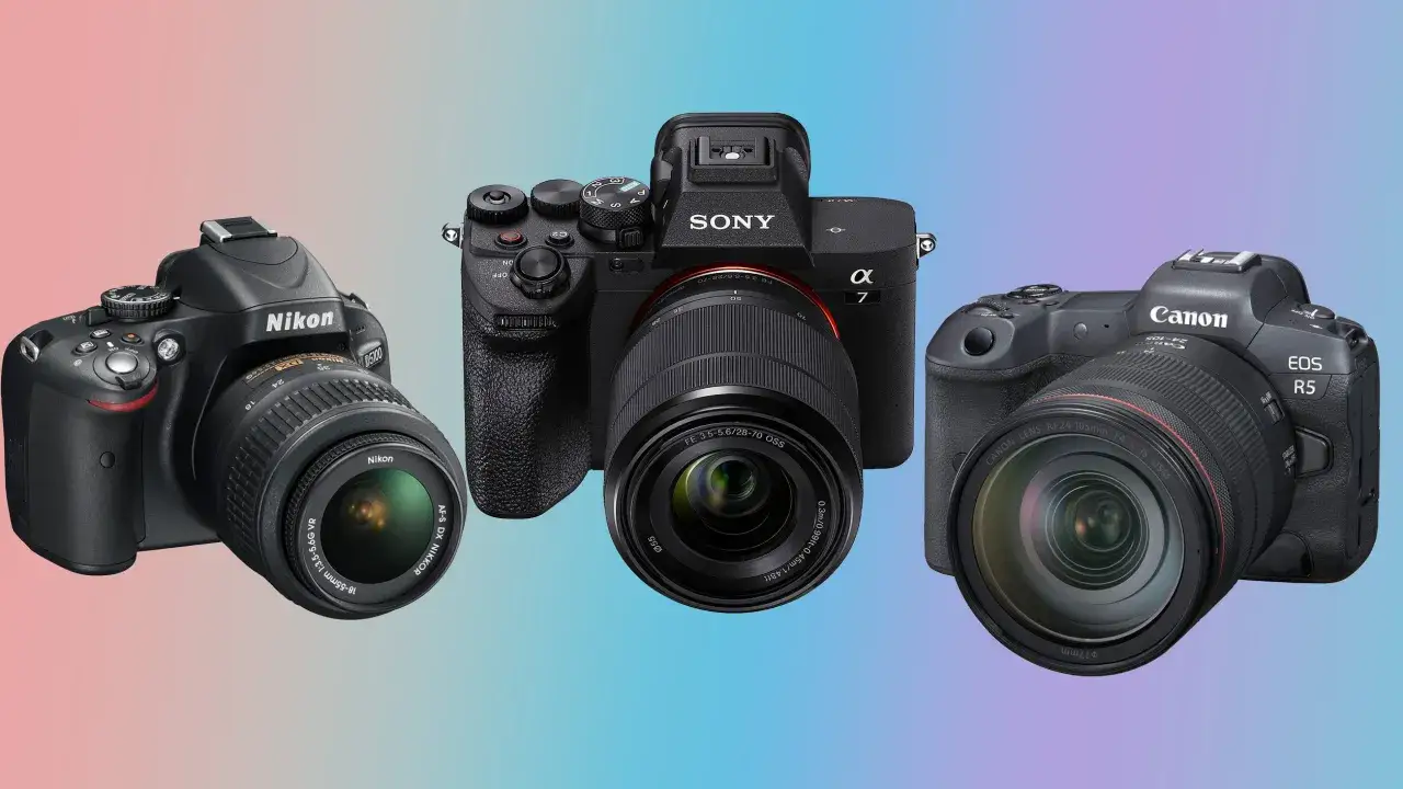 Trzy aparaty: Nikon D5100, Sony Alpha 7 i Canon EOS R5. Wybór między canon czy nikon jest trudny.
