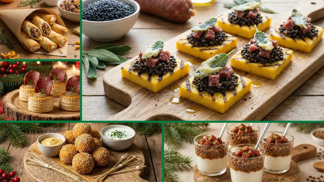 Variet&agrave; di cotechino ricette gourmet: involtini, tartine, polpette e bicchierini con lenticchie e cotechino.