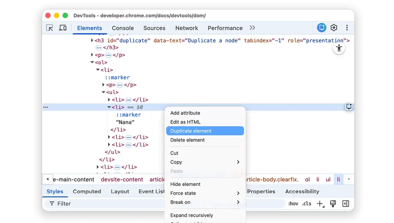 Strumento di sviluppo per la programmazione JavaScript: un menu contestuale mostra l'opzione 