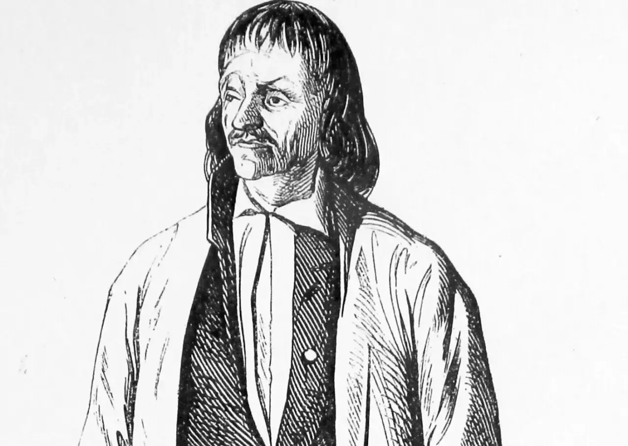 Czarno-biały portret mężczyzny w stroju z epoki, przypominającego upiora z wesela. Długie włosy, wąsy i surowe rysy twarzy.