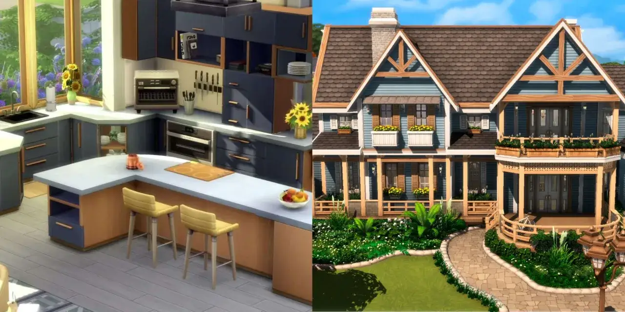 Nowoczesna kuchnia i dwupiętrowy dom z ogrodem, wszystko w stylu meble The Sims 4.