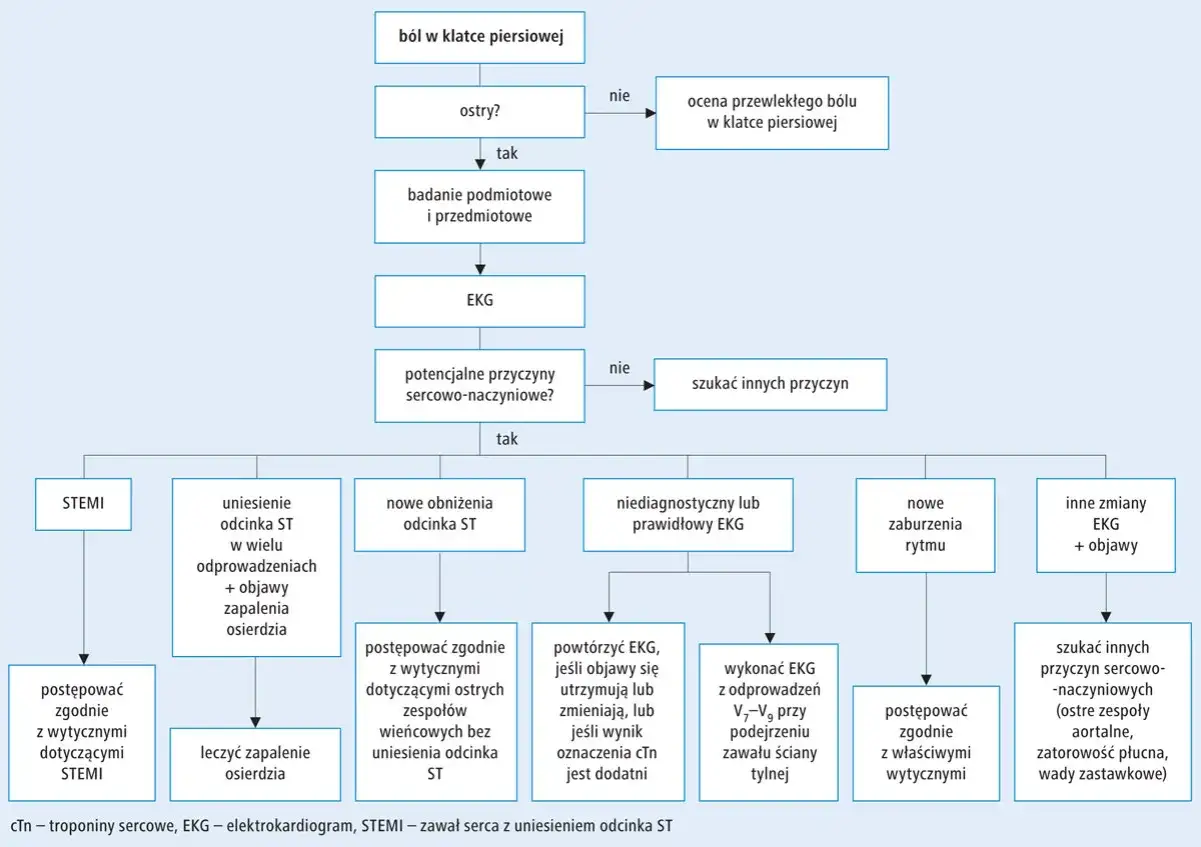Schemat diagnostyczny bólu w klatce piersiowej, uwzględniający STEMI (zawał serca z uniesieniem odcinka ST) i inne przyczyny.