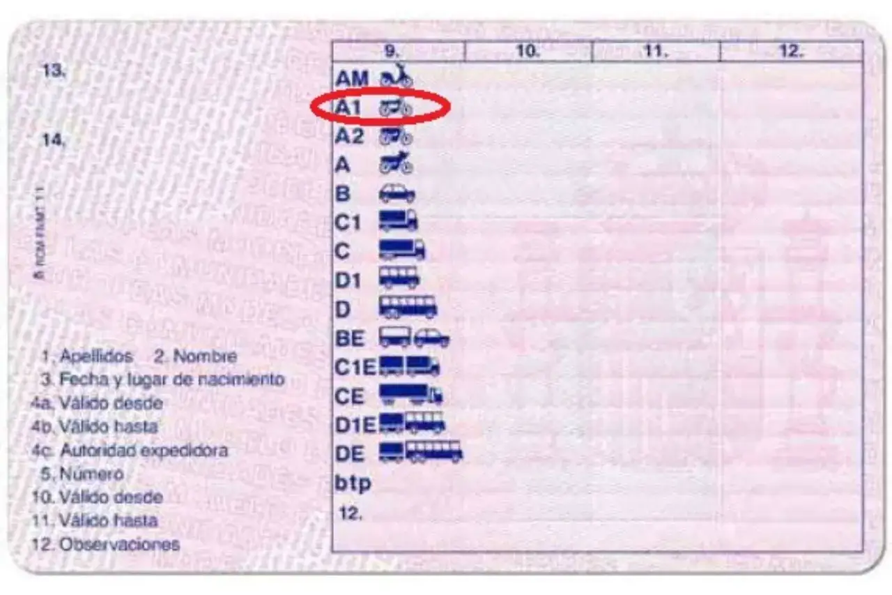 Carnet de cotxe con categoría A1 marcada, que permite conducir motocicletas de hasta 125cc.