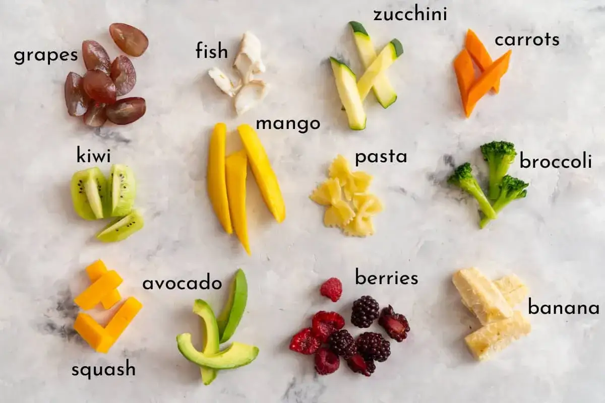 Olika livsmedel f&ouml;r blw mat: vindruvor, fisk, mango, zucchini, mor&ouml;tter, kiwi, pasta, broccoli, pumpa, avokado, b&auml;r och banan.