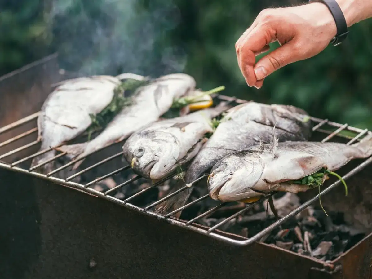 Kilka ryb na grillu, nadziewanych ziołami i cytryną. Idealna jaka ryba na grilla na letni wieczór.