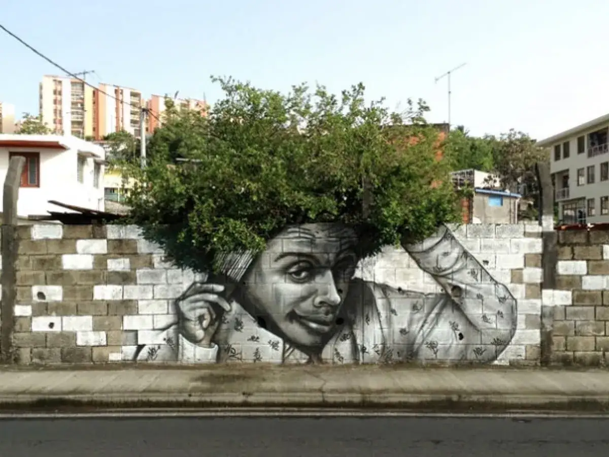 Niesamowite street art przykłady: mural z twarzą, której włosy to żywe drzewo. Dzieło sztuki na murze w mieście.