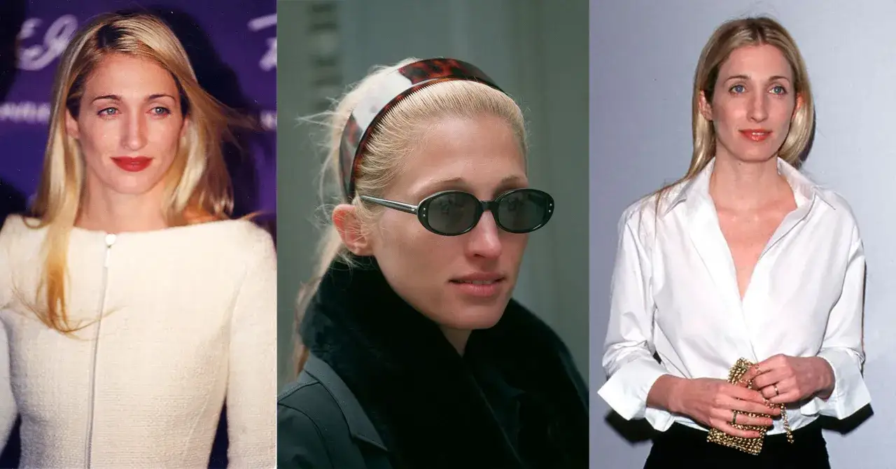 Carolyn Bessette-Kennedy i tre olika stilar: en med vit jacka, en med solglas&ouml;gon och en med vit skjorta.