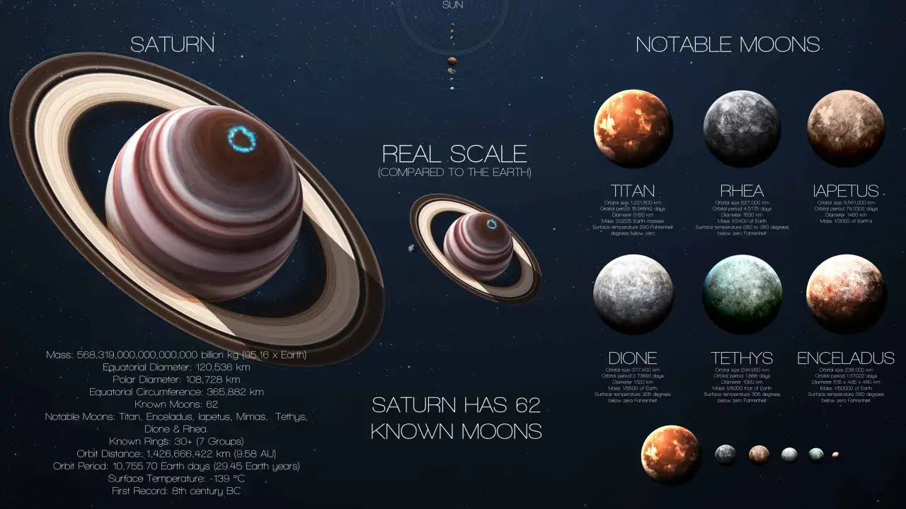 Saturn, z jego pierścieniami i 62 księżycami, w tym Tytanem, ma masę 95 razy większą od Ziemi.