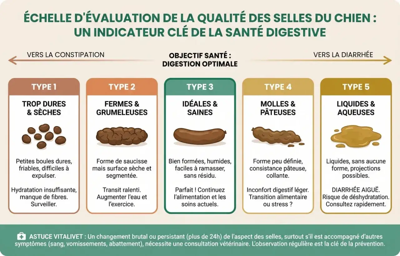 Échelle de qualité des selles du chien : type 5, liquides et aqueuses, signe de diarrhée aiguë. Risque de déshydratation. Transition croquette chien diarrhée.