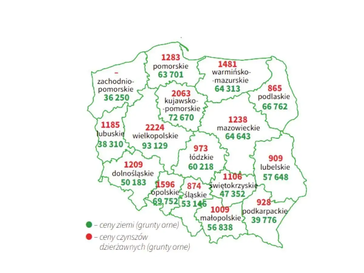 mapa cen dzierżawy gruntów rolnych Polska