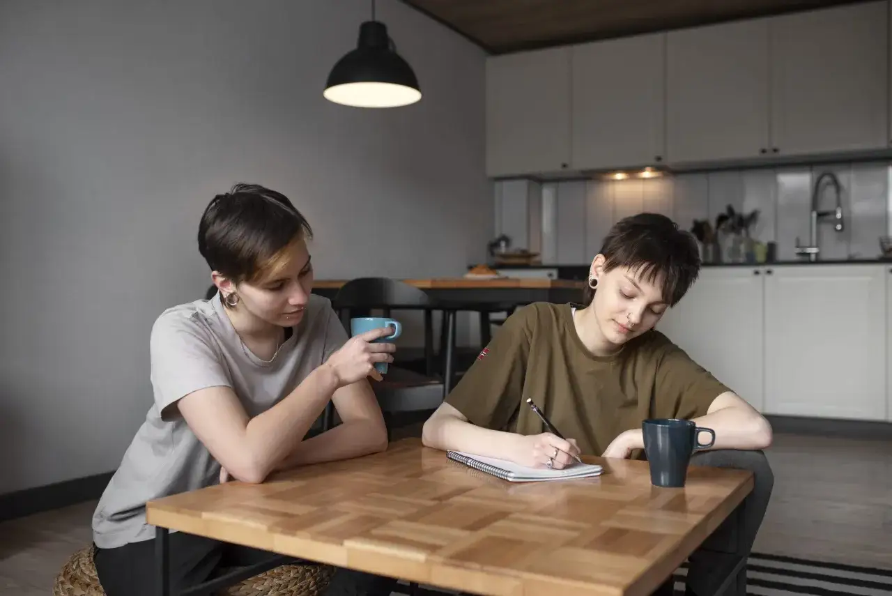 Dwie osoby przy stole. Jedna pisze, druga pije kawę, wspierając się w nauce mimo wyzwań związanych z dysleksją rozwojową.
