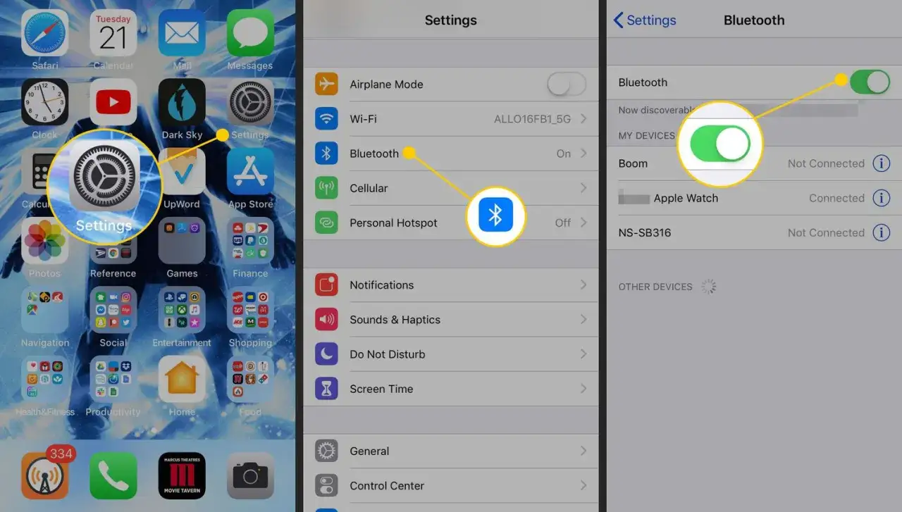 Comment connecter une enceinte Bluetooth : ouvrez les réglages, appuyez sur Bluetooth, puis activez-le. Votre appareil recherchera les enceintes disponibles.