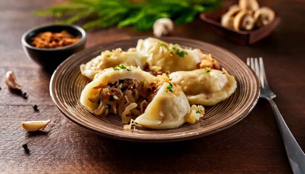 Pyszne pierogi z kapustą i grzybami, posypane szczypiorkiem, na talerzu z widelcem obok.