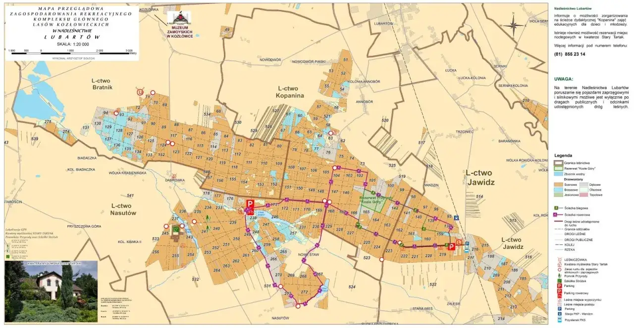 Mapa kompleksu leśnego Lasy Kozłowieckie z zaznaczonymi szlakami, rezerwatami i obiektami turystycznymi.