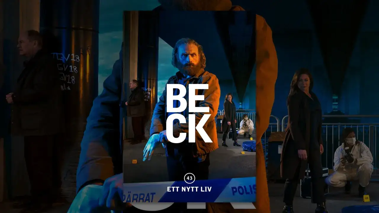 Beck-teamet utreder ett brott under en bro. En man med skägg står i centrum, med texten