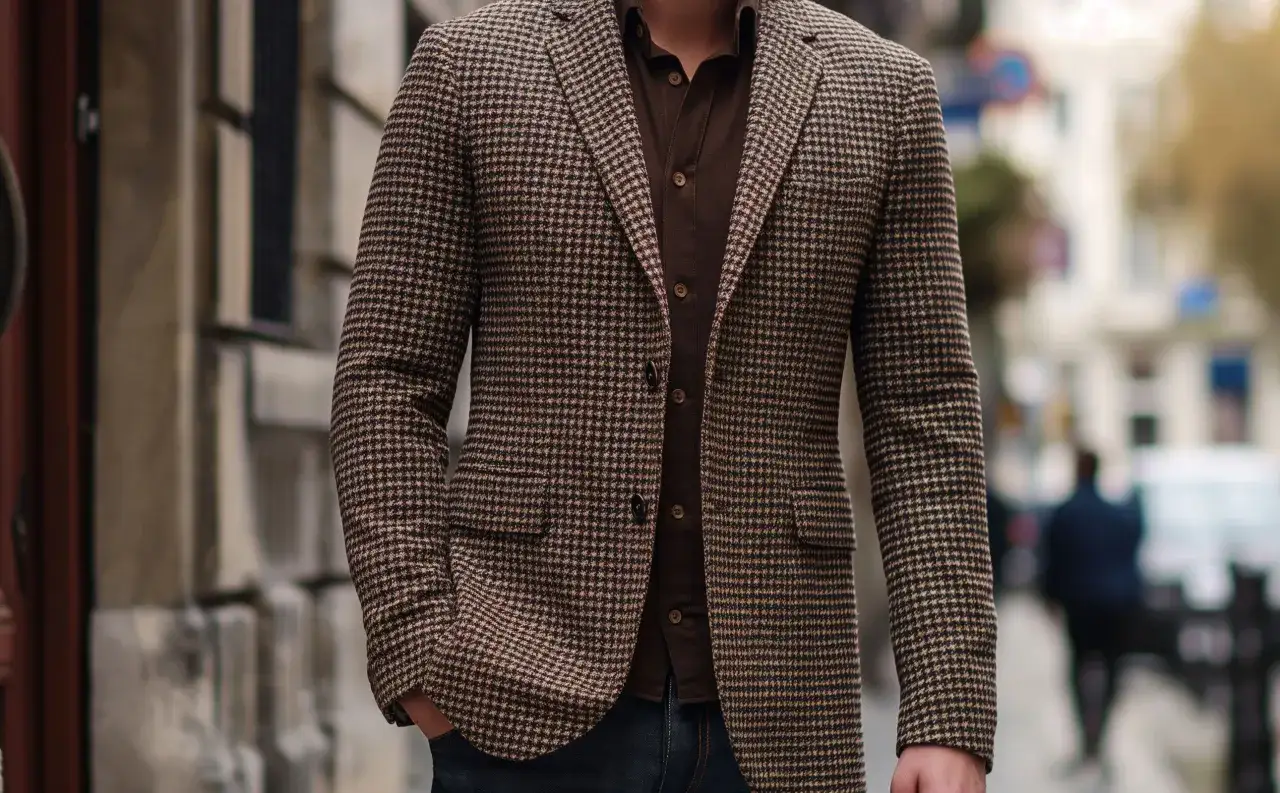 A man wears a stylish brown tweed coat over a brown shirt, with his hand in his pocket.