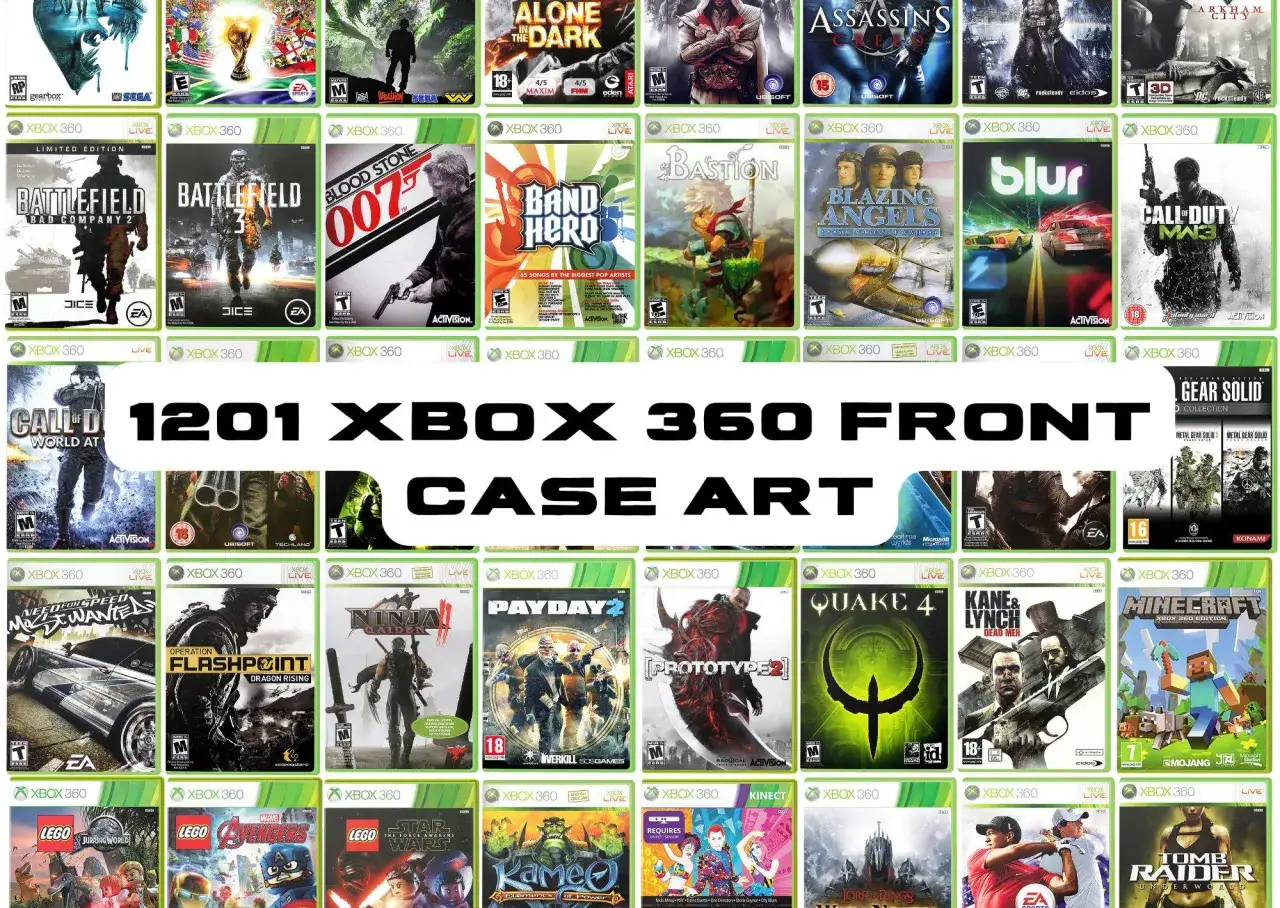 Kolekcja okładek gier na Xbox 360, w tym Battlefield, Call of Duty, Minecraft i inne najlepsze gry na Xbox 360.