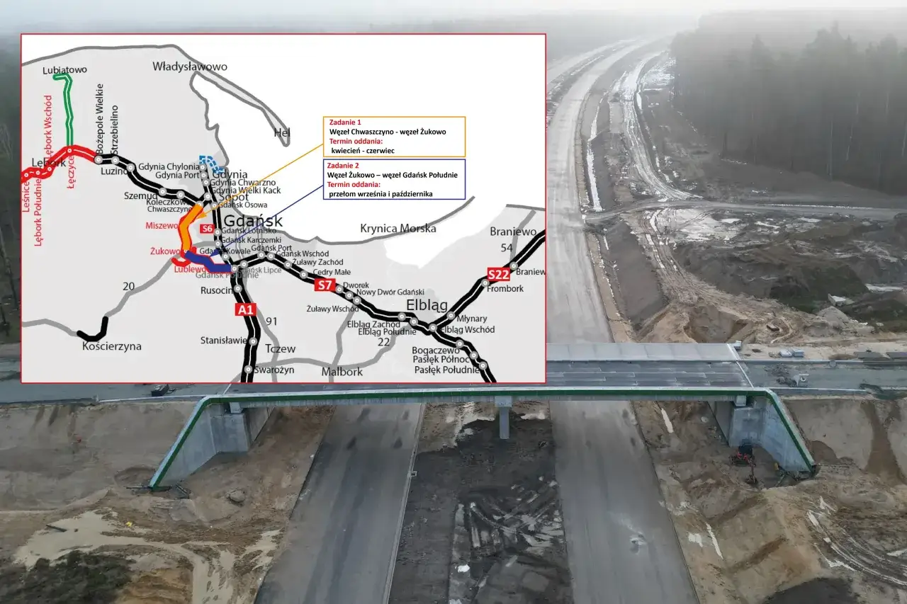 Mapa drogowa z zaznaczonymi trasami S6, S7, A1 i S22. Widać fragment budowy drogi ekspresowej, prawdopodobnie w okolicach węzła kierunkowy 58.