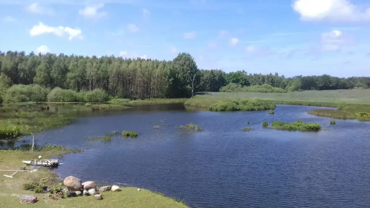 Spokojne łowisko Stojkowo z łódką przy brzegu, otoczone zielenią i lasem, pod błękitnym niebem z chmurami.