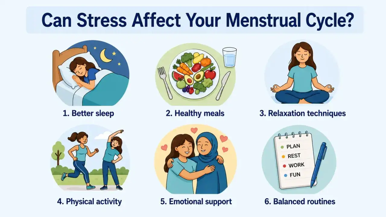 Stress und Periode: Tipps f&uuml;r einen ausgeglichenen Zyklus: besser schlafen, gesund essen, entspannen, Sport, emotionale Unterst&uuml;tzung und Routinen.
