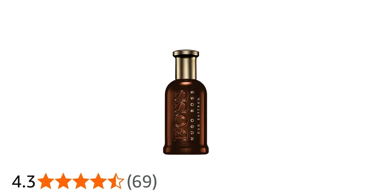 Elegancka butelka perfum Hugo Boss Oud Saffron o głębokim, brązowym kolorze, z wytłoczonym logo.