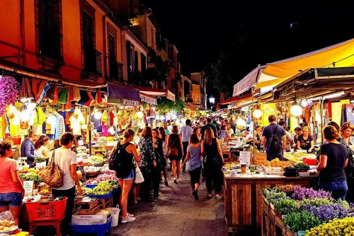 Ambiance anim&eacute;e au march&eacute; le Thor, nuit &eacute;clair&eacute;e par des guirlandes, &eacute;tals de fruits, l&eacute;gumes et v&ecirc;tements color&eacute;s.