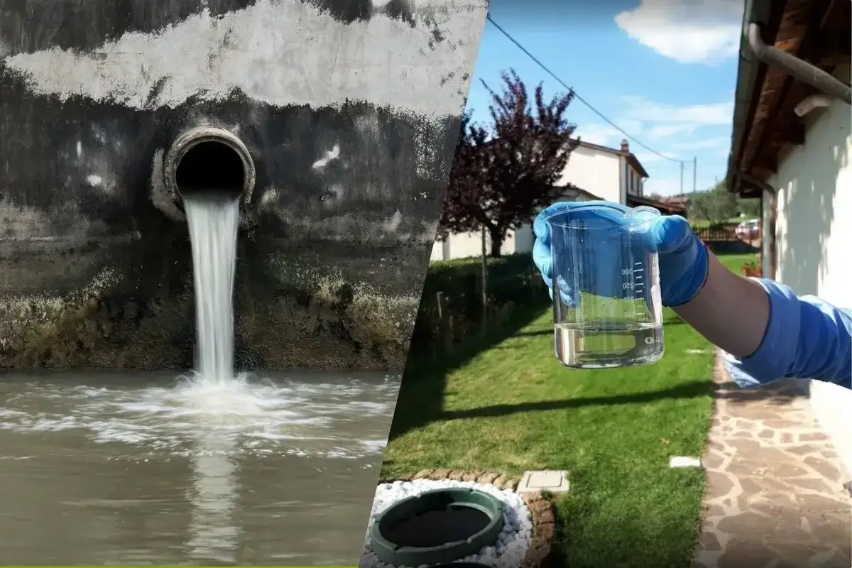 Scarico di acque reflue in un fiume, contrapposto a un bicchiere di liquido limpido, suggerendo come acidificare l'acqua per i trattamenti.