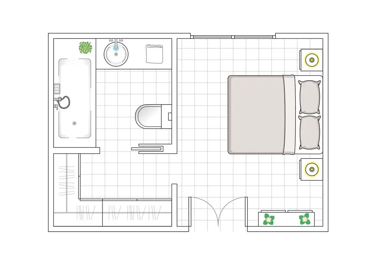 Plano de medidas habitaci&oacute;n matrimonio con ba&ntilde;o y vestidor. Incluye cama, mesitas, ba&ntilde;era, inodoro, lavabo y armarios.