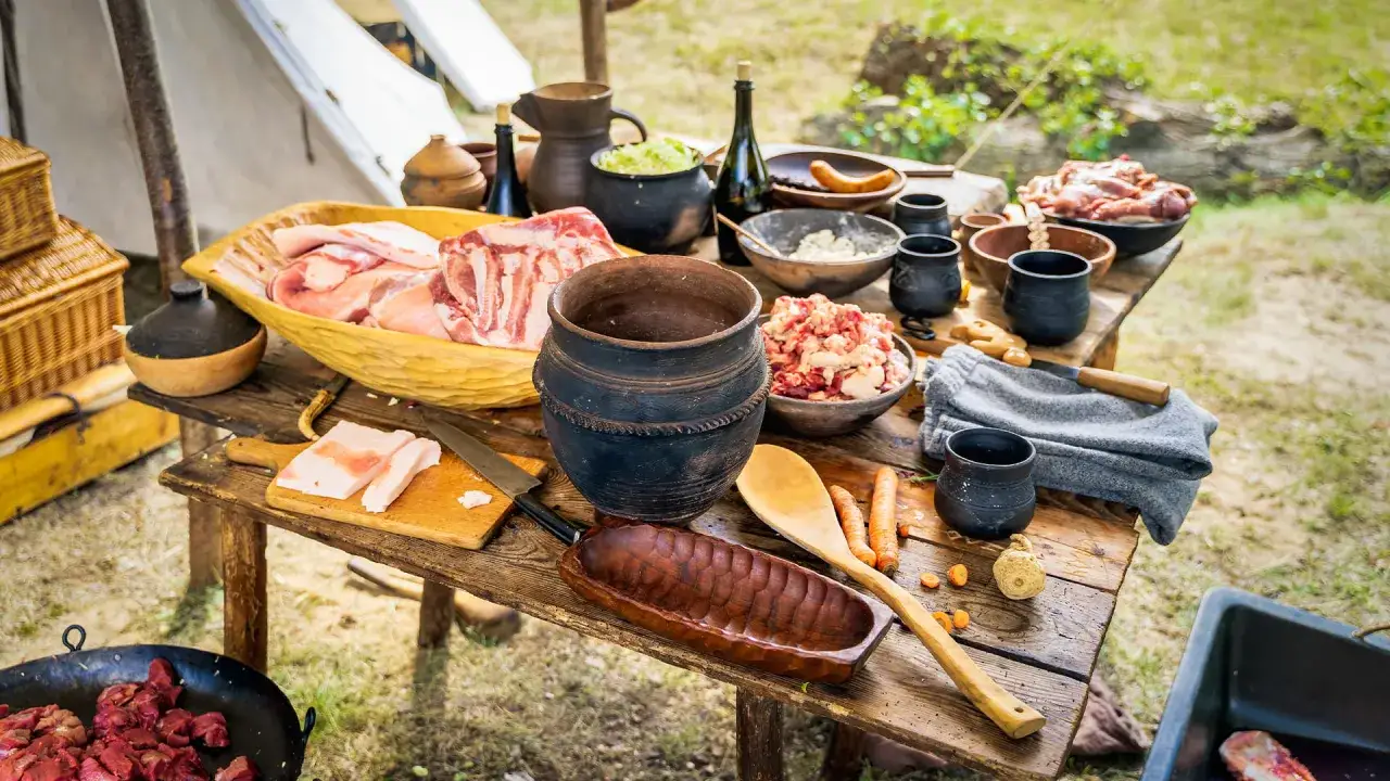 Stół z mięsem, warzywami i naczyniami, jakby przygotowywano ucztę w stylu viking dieta.