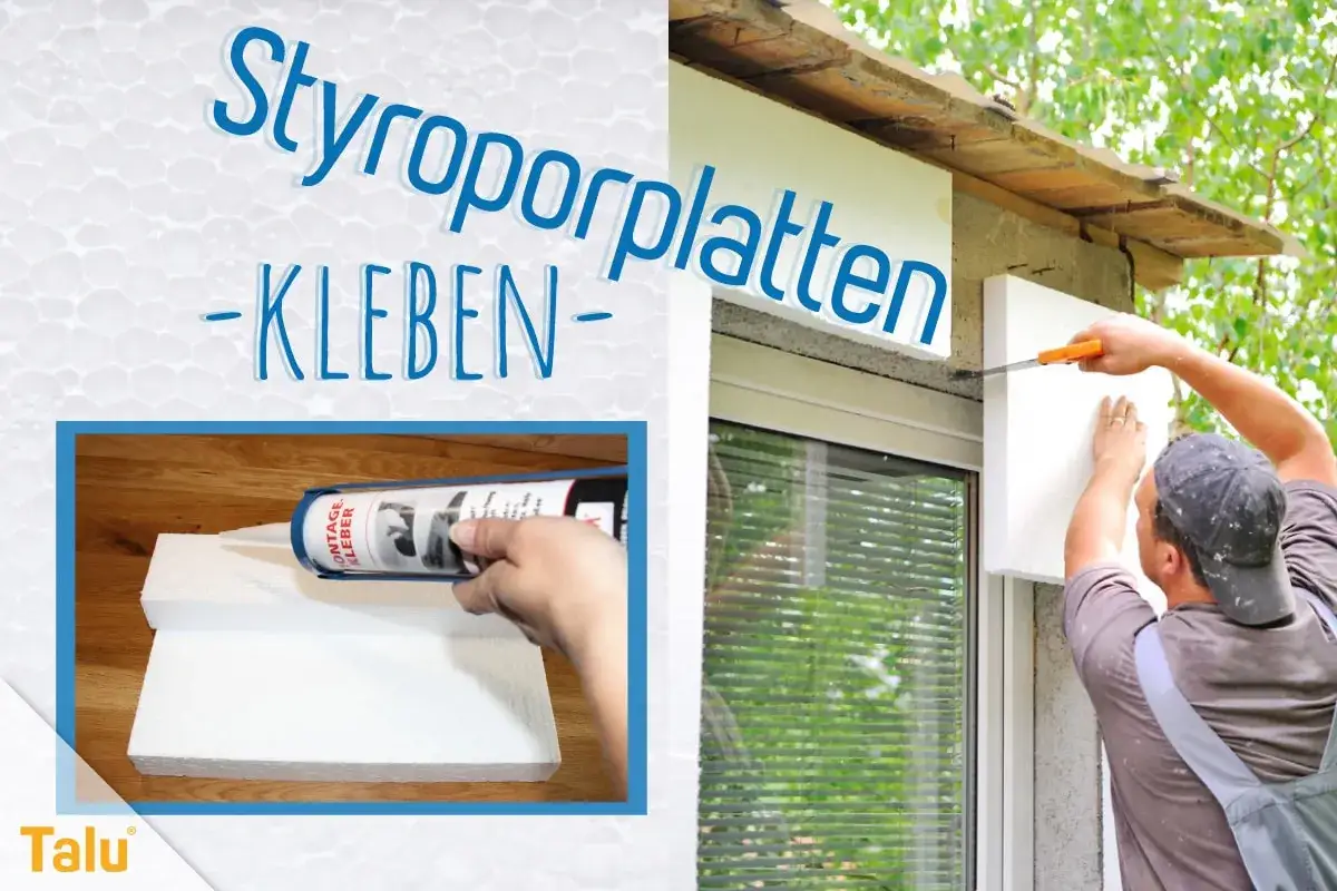 Mann klebt Styroporplatten an Hauswand. Klebeanleitung f&uuml;r Styroporplatten.