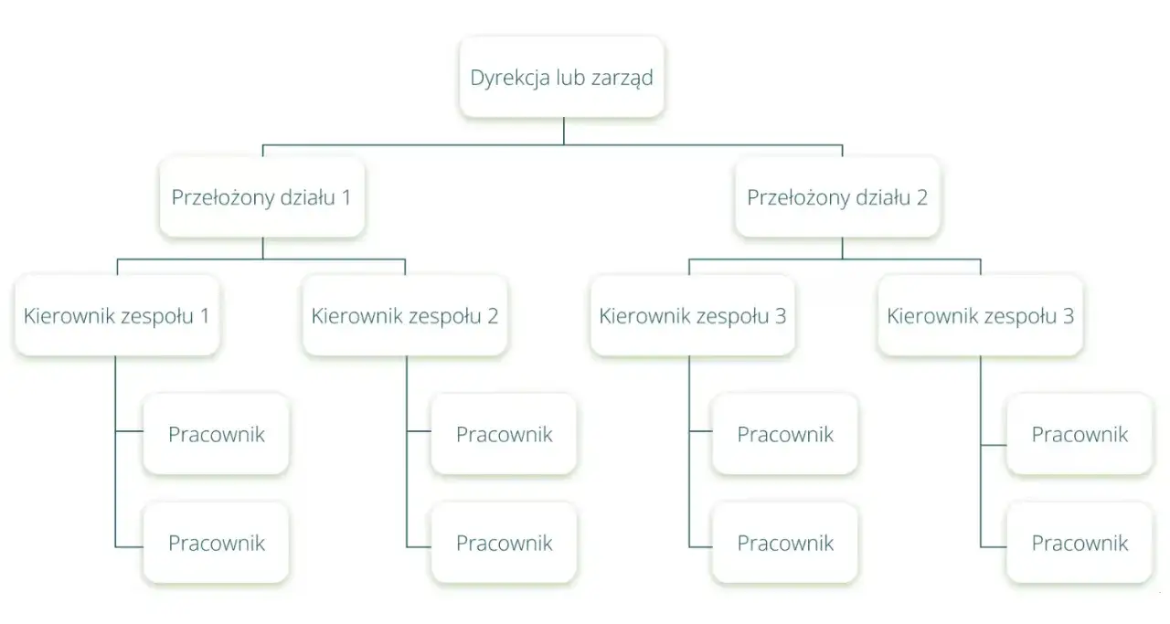 Schemat przedstawia strukturę organizacyjną firmy: Dyrekcja, Przełożeni działów, Kierownicy zespołów i Pracownicy.